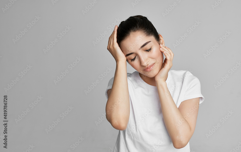 woman in white t-shirt cropped view health problem headache woman in white t-shirt cropped view health problem headache