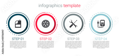 Set Canister for motor machine oil, Alloy wheel, Screwdriver and wrench spanner and Multimeter. Business infographic template. Vector.