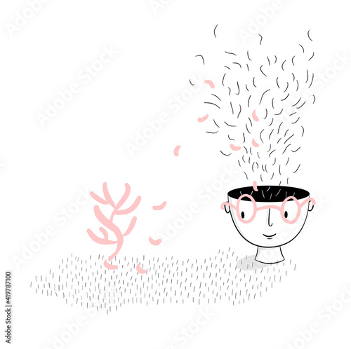 Head Spaces – Line illustration a hand-drawn head with ideas and thoughts raising from its head. Showing the process of creativity and growing an idea.