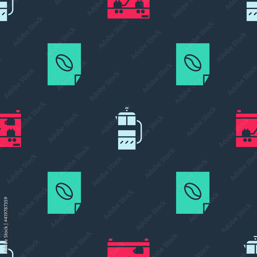 Set Coffee machine, French press and poster on seamless pattern. Vector. Set Coffee machine, French press and poster on seamless pattern. Vector.