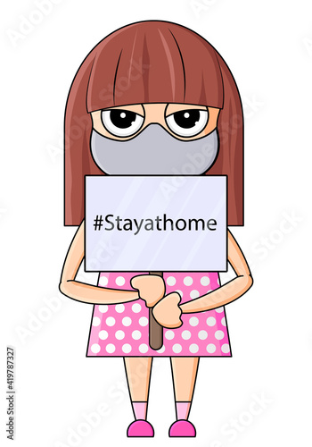 Cute cartoon girl wearing protective mask vector illustration.
