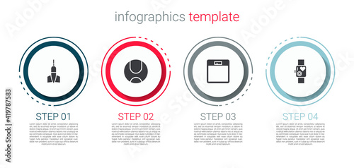 Set Dart arrow, Tennis ball, Bathroom scales and Smart watch showing heart beat rate. Business infographic template. Vector.