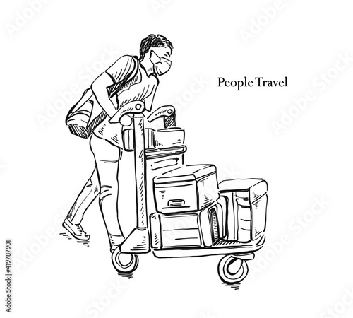 Sketch Men carrying luggage in the airport - Illustration hand drawn, 
Outline eps10.