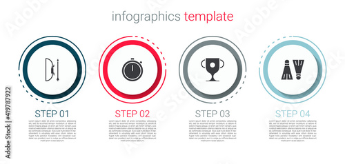 Set Bow and arrow in quiver, Stopwatch, Award cup and Rubber flippers for swimming. Business infographic template. Vector.