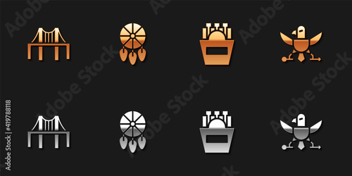 Set Golden gate bridge, Dream catcher with feathers, Potatoes french fries in box and Eagle icon. Vector.