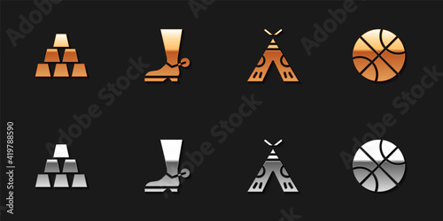 Set Gold bars, Cowboy boot, Indian teepee or wigwam and Basketball ball icon. Vector.