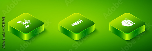 Set Isometric Longboard or skateboard, Speedboat and ATV motorcycle icon. Vector.