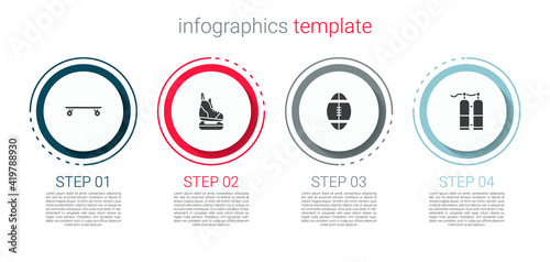 Set Longboard or skateboard, Skates, Rugby ball and Aqualung. Business infographic template. Vector.