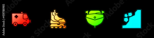 Set Ambulance and emergency car, Roller skate, Speedboat and Landslide icon. Vector.