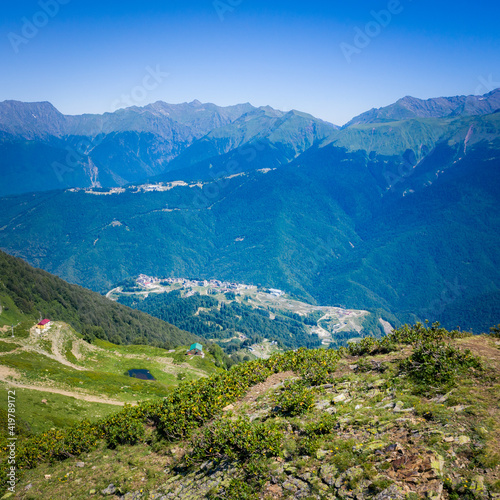 Fototapeta Naklejka Na Ścianę i Meble -  Summer landscapes of the Caucasus mountains in Rosa Khutor, Russia, Sochi, Krasnaya Polyana. Peak 2320m
