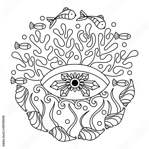Coloring book for adults , Underwater. Doodles of the underwater world, sea, ocean, river . Eyes, Fish, shells, corals and algae are Monochrome. Psychedelic illustrations
