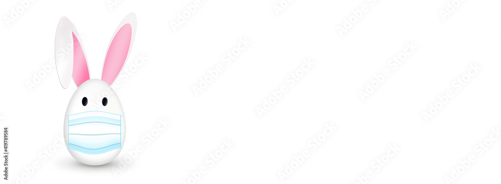 Easter egg in medical mask and Easter rabbit ears on a white background.CORONAVIRUS EASTER Egg rabbit. Healthy, Safe and Happy Easter. Stay home stay safe. Banner. Copy Space for text Easter egg in medical mask and Easter rabbit ears on a white background.CORONAVIRUS EASTER Egg rabbit. Healthy, Safe and Happy Easter. Stay home stay safe. Banner. Copy Space for text