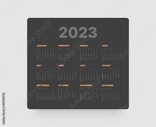 Calendar template for 2023 with week start on Sunday. In dark colors.