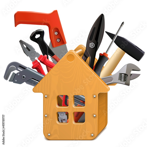 Vector Wooden House Toolbox with Tools