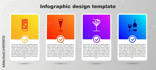 Set Effervescent tablets in water, Glass of champagne, Cocktail and Wine bottle with glass. Business infographic template. Vector.