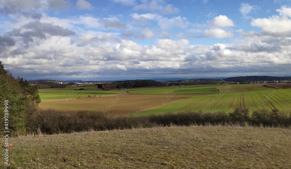 A panorama shot of Coburger Land near Grub am Forst in Bavaria. The area is part of Upper Franconia.