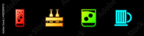 Set Effervescent tablets in water, Pack of beer bottles, Glass whiskey and Wooden mug icon. Vector.