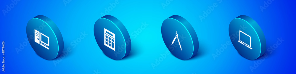 Set Isometric Computer monitor, Drawing compass, Laptop and Calculator icon. Vector. Set Isometric Computer monitor, Drawing compass, Laptop and Calculator icon. Vector.
