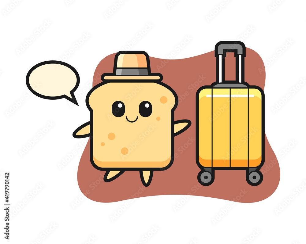 Bread cartoon illustration with luggage on vacation Bread cartoon illustration with luggage on vacation