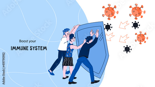 Boosting immune system web banner concept with people protecting themselves from viruses and disease-causing bacteria. Immune system protection strength, flat vector illustration.