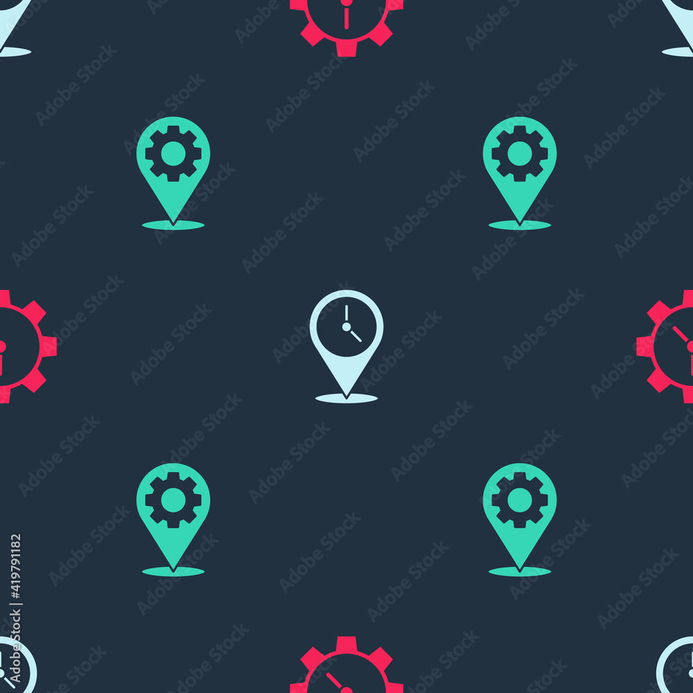 Set Time Management, Location with clock and gear on seamless pattern. Vector. Set Time Management, Location with clock and gear on seamless pattern. Vector.