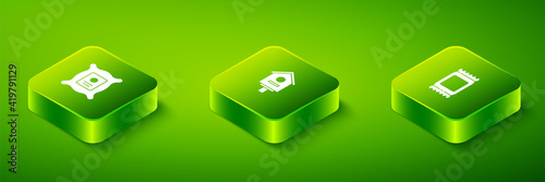 Set Isometric Bird house, Fertilizer bag and Pack full of seeds of plant icon. Vector.