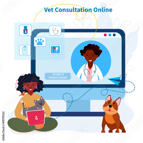 Remote Veterinary help. Vet examining pets online. Video chat with Afro American doctor. medicine for animals. Conference service patient and Veterinarian.