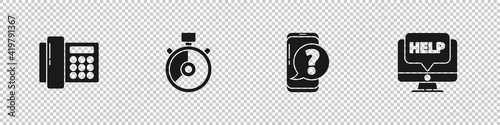 Set Telephone, Stopwatch, Mobile with question and Computer monitor and help icon. Vector.