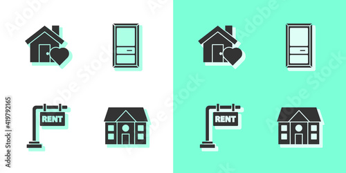 Set House, with heart shape, Hanging sign Rent and Closed door icon. Vector.
