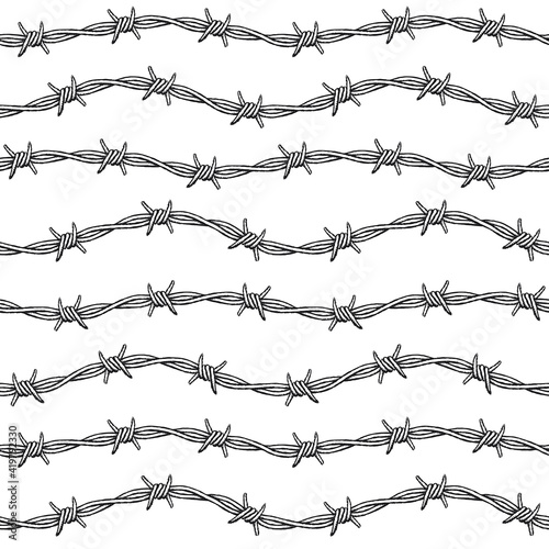 Grunge barbed wire pattern, wavy. A vector seamless pattern with barbed wire. Black and white illustration with rough strokes.