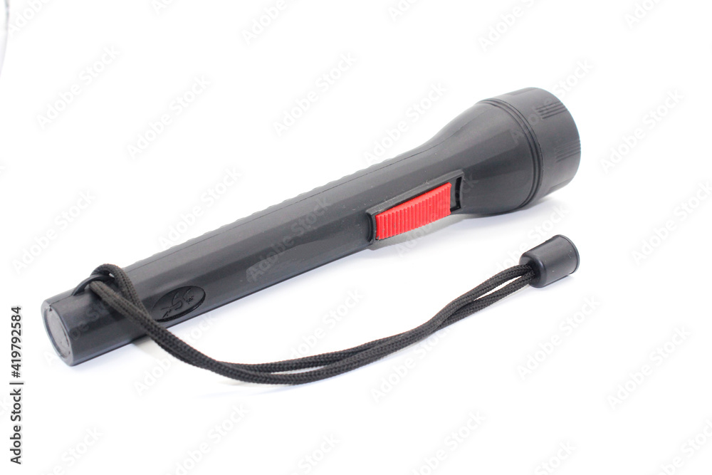 Black Electric LED torch flashlight isolated on a white background Black Electric LED torch flashlight isolated on a white background