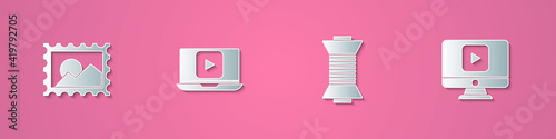 Set paper cut Postal stamp, Online play video, Sewing thread on spool and icon. Paper art style. Vector.