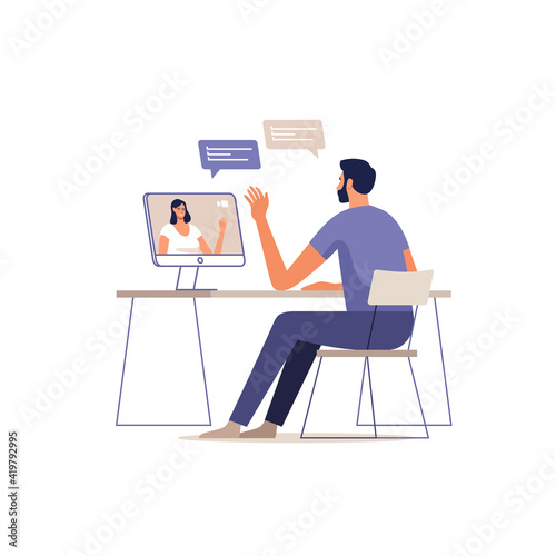 Young man and woman communicate online using a mobile devices. Concept of video call conference, remote working from home or online meeting. Vector illustration. photo