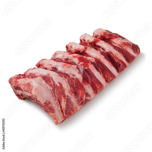 Close-up view of fresh raw  Back Ribs cut in isolated white background