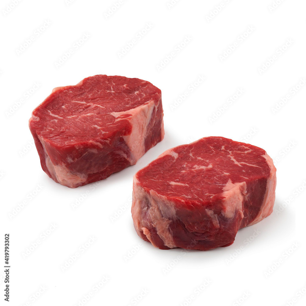 Close-up view of fresh raw Ribeye Fillet Ribs cut in isolated white background