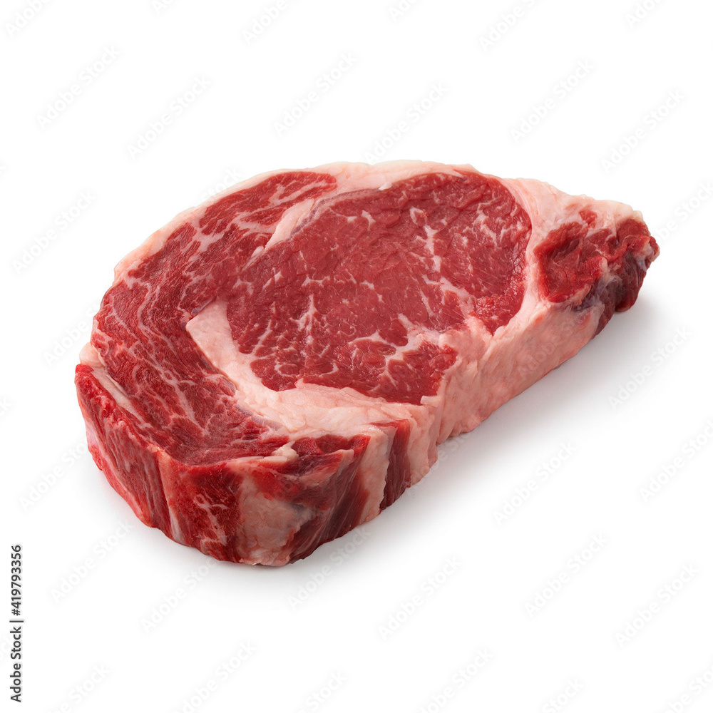 Close-up view of fresh raw Ribeye Steak Lip On Ribs cut in isolated white background