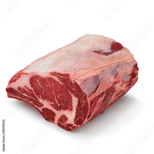Картината върху платно Close-up view of fresh raw Ribeye Roast Bone In Ribs cut in isolated white backg
