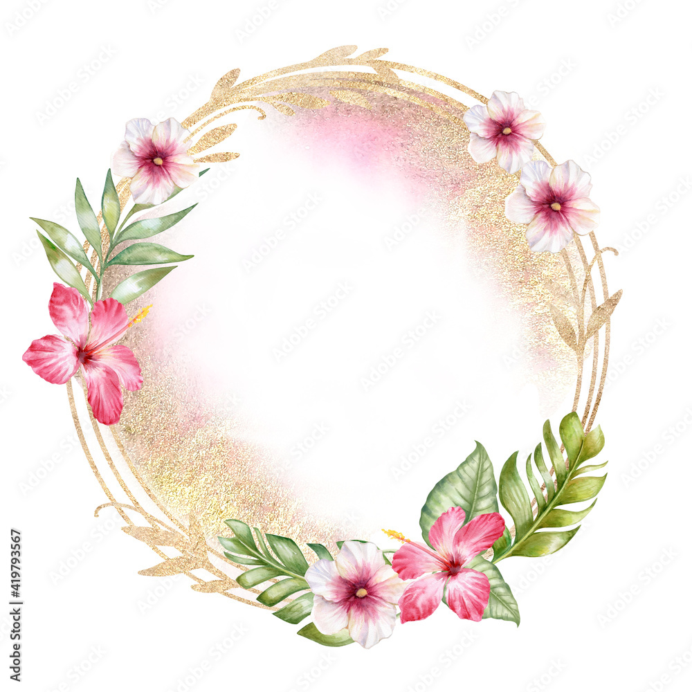 Obraz premium Tropical Gold Frame, floral ring with flowers, pink hibiscus, banana leaves. Green Banana Leaves. Watercolor. Illustration. Template. Greeting card design.