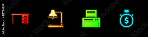 Set Office desk, Table lamp, Printer and Time is money icon. Vector.