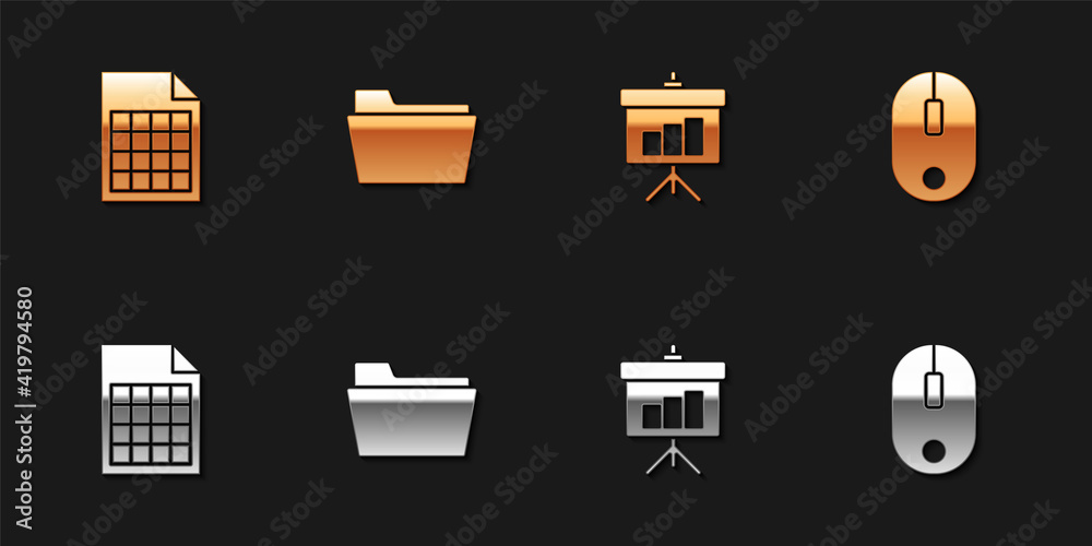 Set File document, Document folder, Chalkboard with diagram and Computer mouse icon. Vector.
