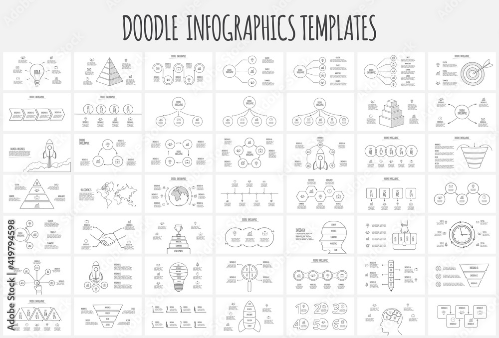 Doodle infographic bundle with funnel, rocket, earth, circles, pyramid, goal, circles and other abstract elements. Hand drawn icons. Thin line illustration