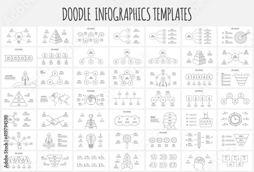 Doodle infographic bundle with funnel, rocket, earth, circles, pyramid, goal, circles and other abstract elements. Hand drawn icons. Thin line illustration