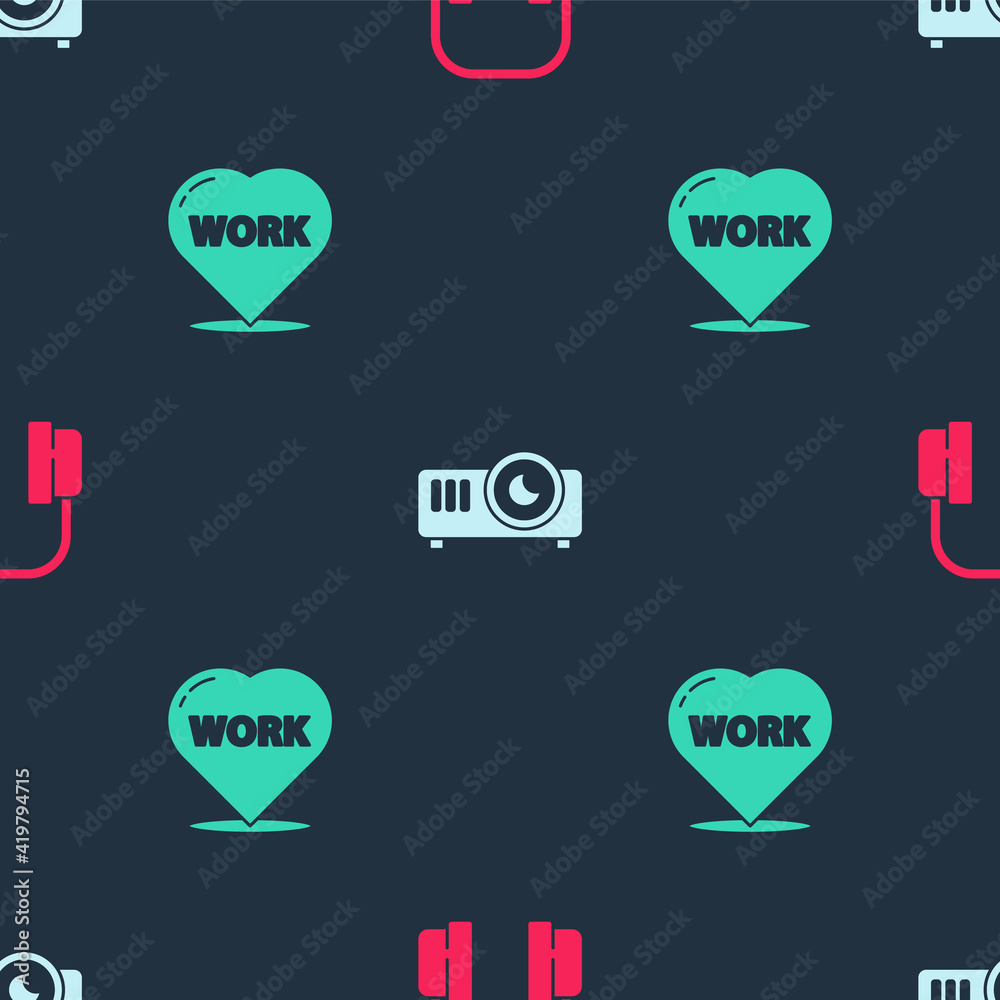 Set Headphones, Movie, film, media projector and Heart with text work on seamless pattern. Vector.