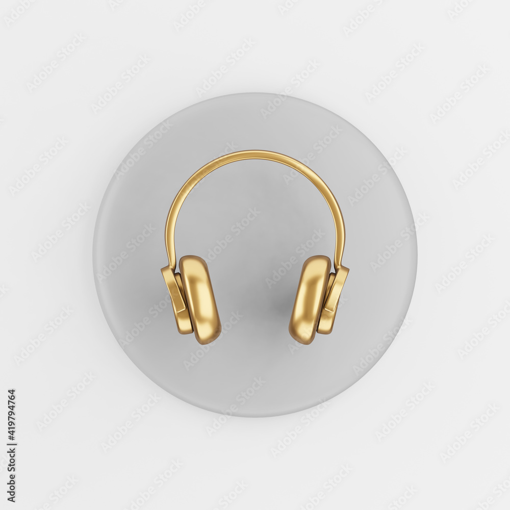 Gold headphones icon in cartoon style. 3d rendering gray round button key, interface ui ux element.