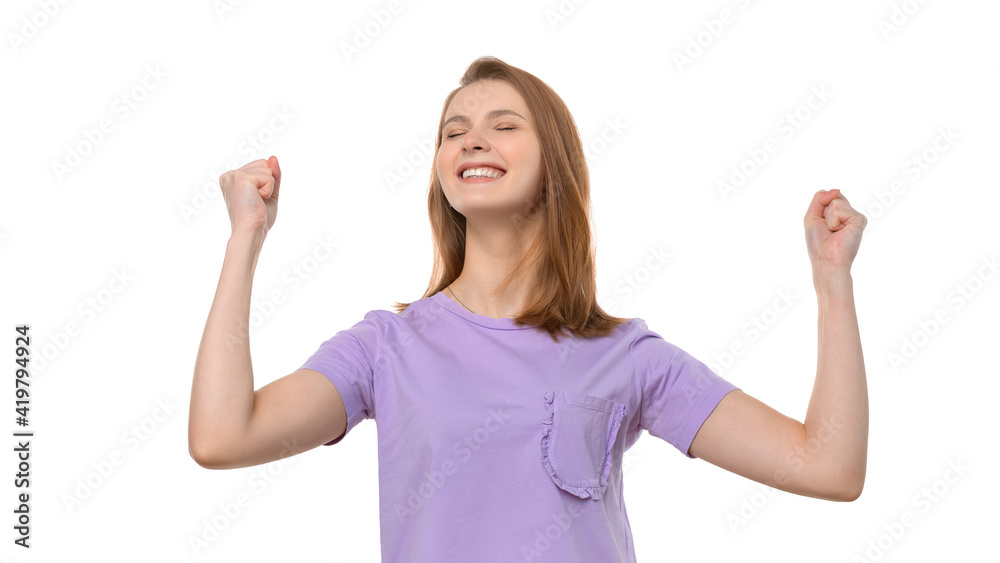 Happy girl celebrating her success, achieve goal Happy girl celebrating her success, achieve goal