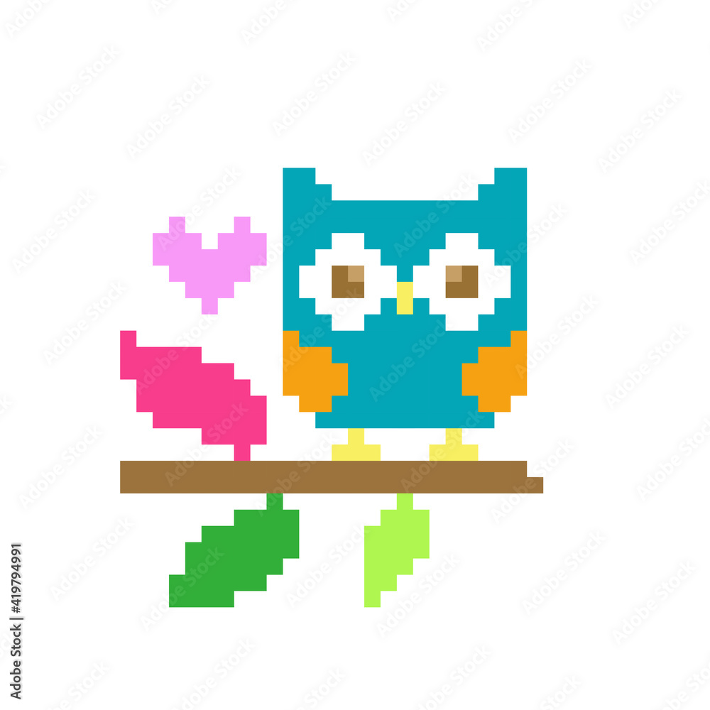 Pixel owl image. Vector illustration of a cross stitch pattern.