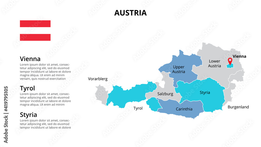 Fototapeta premium Austria vector map infographic template divided by countries. Slide presentation