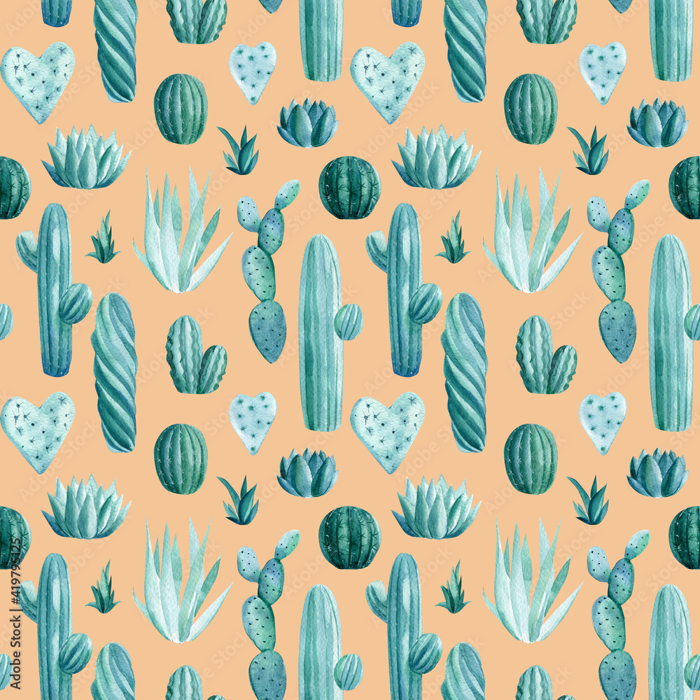 Seamless pattern. Watercolor green cacti and succulents. House Plants in pot Seamless pattern. Watercolor green cacti and succulents. House Plants in pot