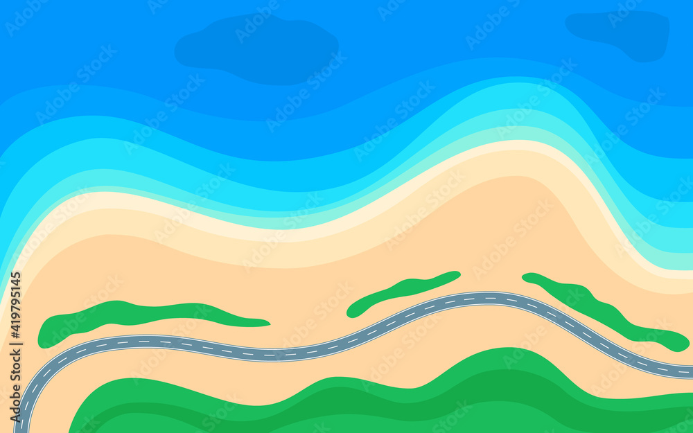 Summer beach, blue sea and coastal road, view above. Coastline landscape with highway. Seashore, seascape, seaside and sand. Rest on nature. Vector illustration
