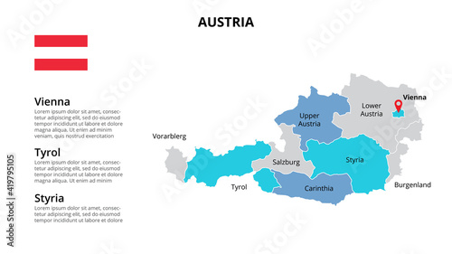 Austria vector map infographic template divided by countries. Slide presentation